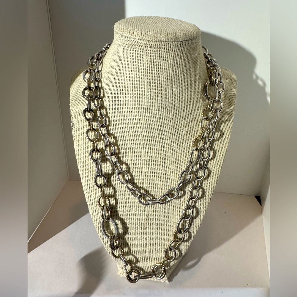 20” drop Silvertone Link Necklace with Goldtone Textured links as well. (D-F)